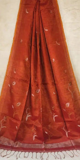 Tissue Linen Jamdani Orange Saree, Dual Shade Festive - Saree - Aakritee - S10527